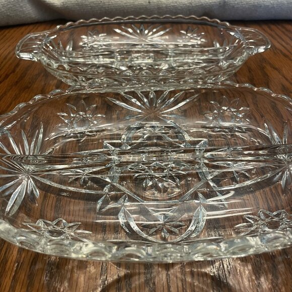 Set of 2 Identical Depression Cut Glass Divided Relish Trays Clear Oval Star - Picture 10 of 14